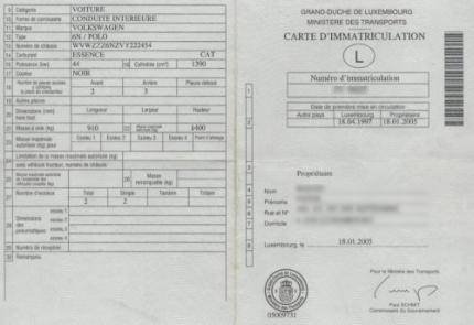 Dowód rejestracyjny luksemburski stary